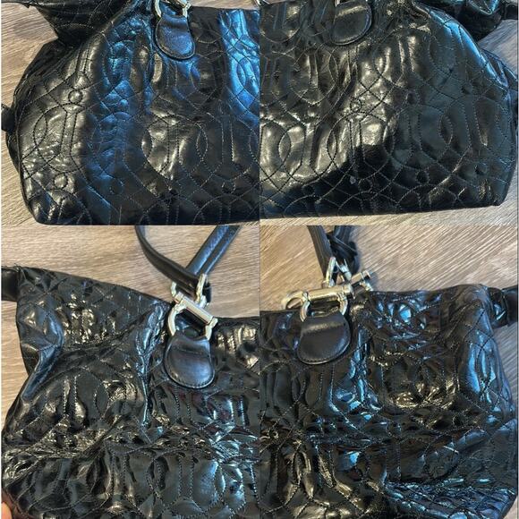 Donald Pliner Black Quilted Patent Leather Large Shoulder Tote Bag Preppy Classy - Picture 3 of 11